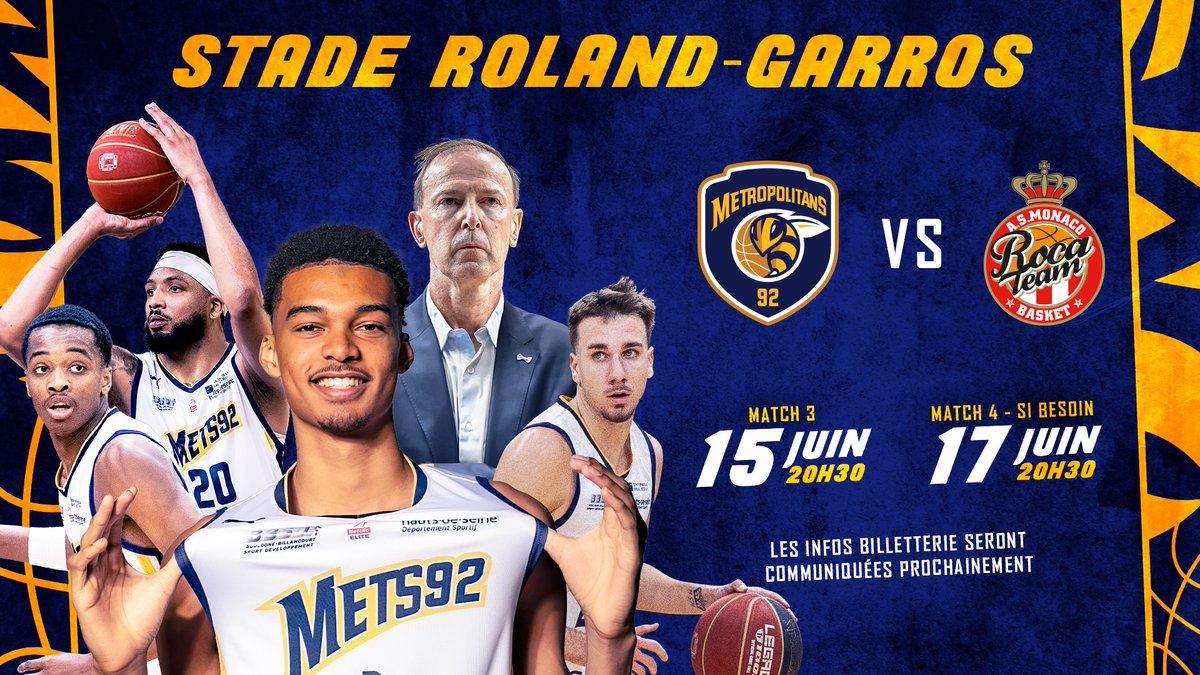 📣 Les Mets 92 joueront les finales de Betclic Elite au Stade Roland-Garros !

🎟 Les infos billetterie seront communiquées prochainement

#GoMets92 #BetclicELITE
