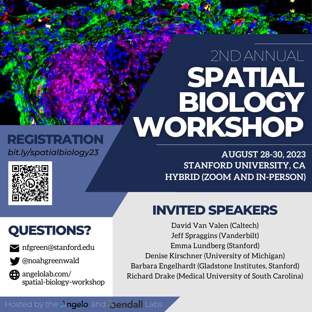 We're excited to announce that the 2nd annual Spatial Biology Workshop will be taking place August 28th-30th at Stanford. The workshop will cover new techniques and tools for generating and analyzing spatial data, as well as new biology discovered using spatial methods.