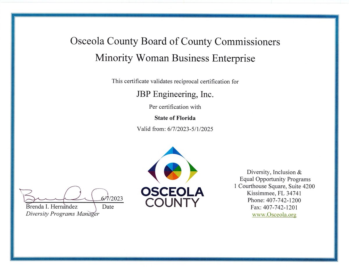 jbp_inc's tweet photo. Osceola County has approved our application for MWBE certification reciprocity #mwbe https://t.co/lvClqL5hIO