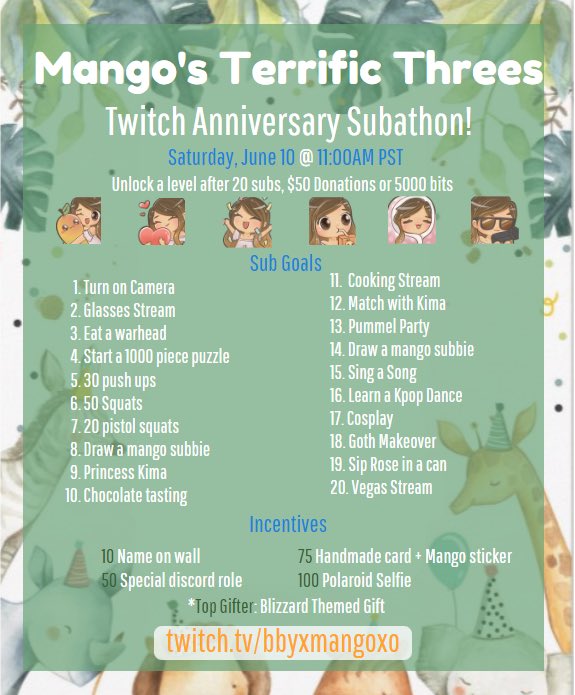 bbyxmango's tweet photo. I forget I have a Twitter sometimes :3 but happy to announce … I will be celebrating my 3 year anniversary of Twitch streaming this Saturday, June 10! ❤️ excited to celebrate with everyoneee https://t.co/Gc5ZZtBZNZ