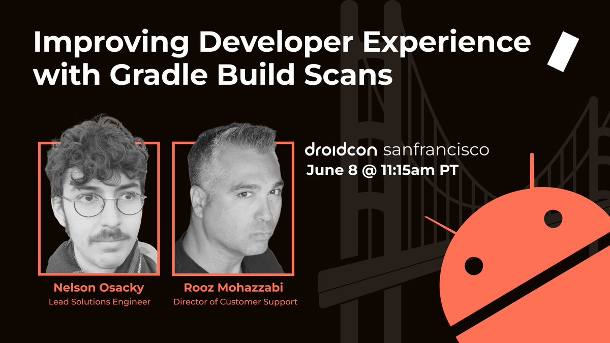 Tomorrow at <a href="/droidconSF/">droidcon San Francisco</a> - join "Improving Developer Experience with #Gradle Build Scans" by <a href="/DJRooz/">Rooz Mohazzabi</a> and <a href="/nellyspageli/">Nelson Osacky</a>, on June 8 at 11:15 am PT. sf.droidcon.com/rooz-mohazzabi/

Also, come by our booth to see some cutting-edge tech. We would love the opportunity to say hi :-)