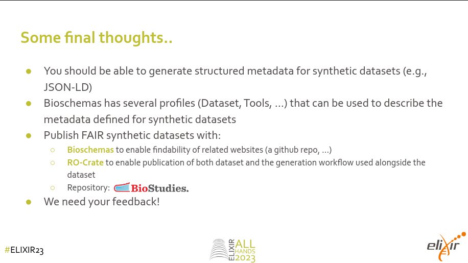 nqueralt's tweet photo. From the #ELIXIR #ML & #HealthData FGs #BioHackathonEU 2022 project, we presented our work on #FAIR publishing of #SyntheticData & #workflow and how it is aligned w/ #Bioschemas and #ROCrate by defining minimal #metadata.
Slides r available @ https://t.co/qHt944yPEo #ELIXIR23 https://t.co/RrL9lIFyYB