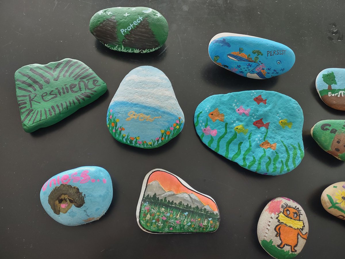 FowlerThrows's tweet photo. APES end of the year rock painting. Talented artwork and inspirational words from a group of amazing students. Thanks for a wonderful year! https://t.co/uifywUvhHV