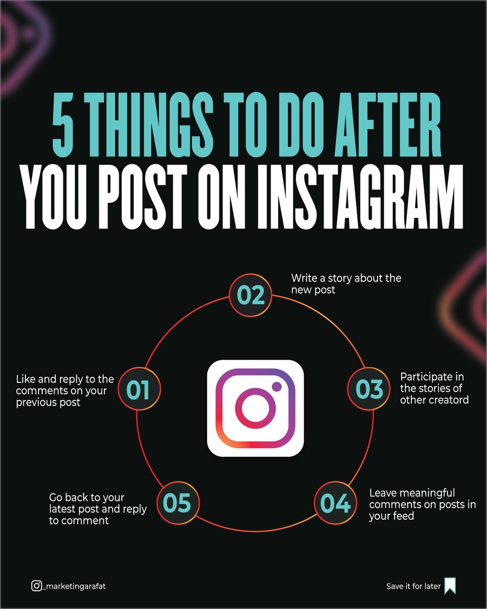 MarketingArafat's tweet photo. #facebookads #facebookadvertising #facebookad #facebookadvertisingexpert #facebookadverts #facebookaddict #FacebookAdd #facebookadvertisement
Five things to do after you post on Instagram.
It's important to follow a strategy if you want a growing and build your following. https://t.co/MpxhoowBio