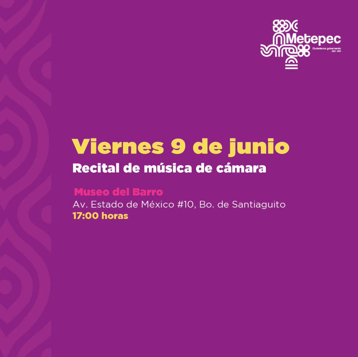 ¡Qué no se te pase!

Te compartimos las actividades culturales de esta semana en #Metepec🎭🎤📚

#CiudadanosGobernando.