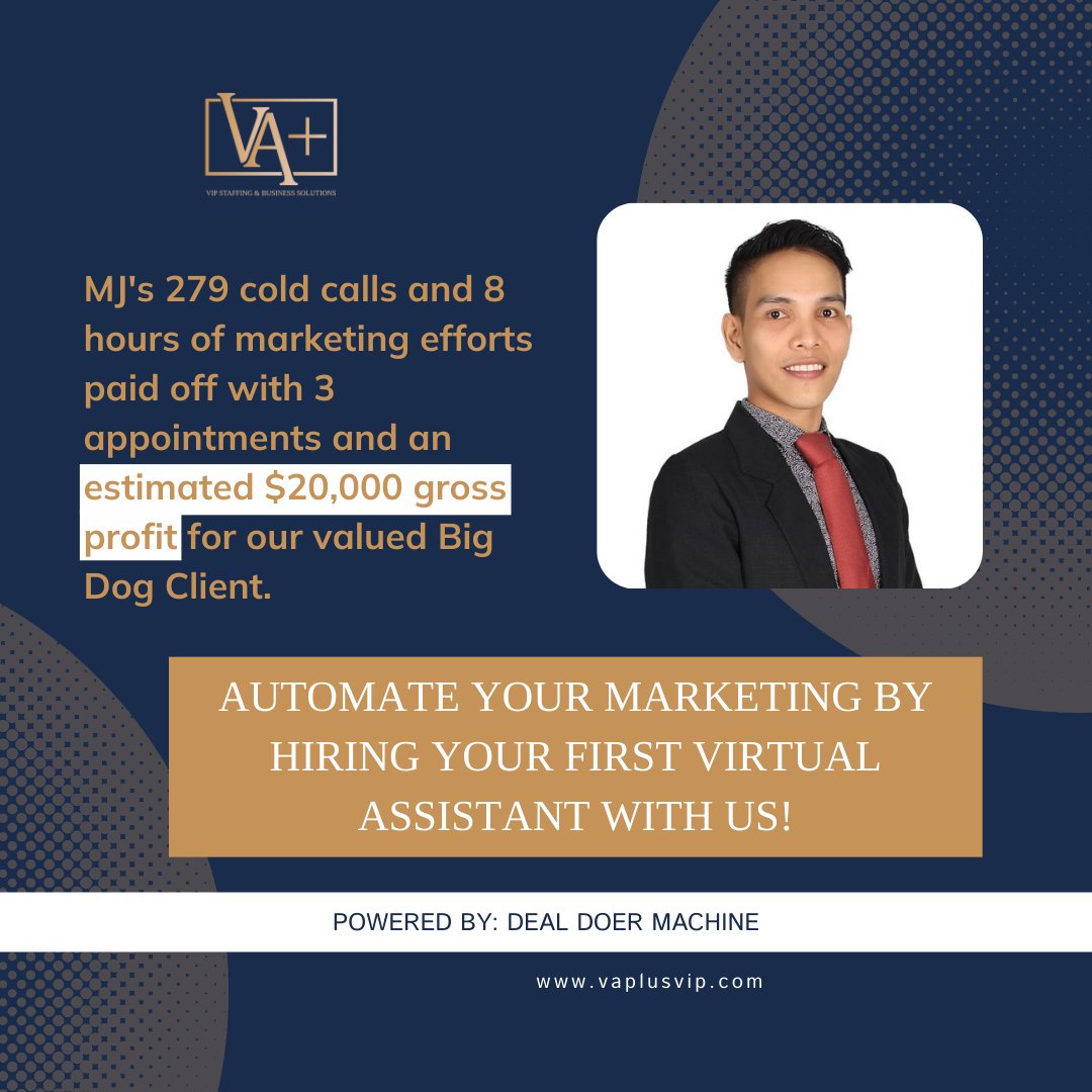 🎉 Celebrating Another Success 🚀

We're proud of helping clients achieve their goals. Recently, one of our VAs helped a client secure 3 appointments, resulting in estimated sales of $20,000! 💪💼💰

Ready to experience the difference a reliable virtual assistant can make?