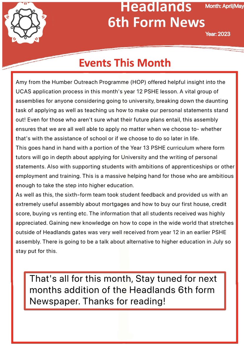 Check out our Sixth Form newspaper to find out what our students have been up to over the last two months…