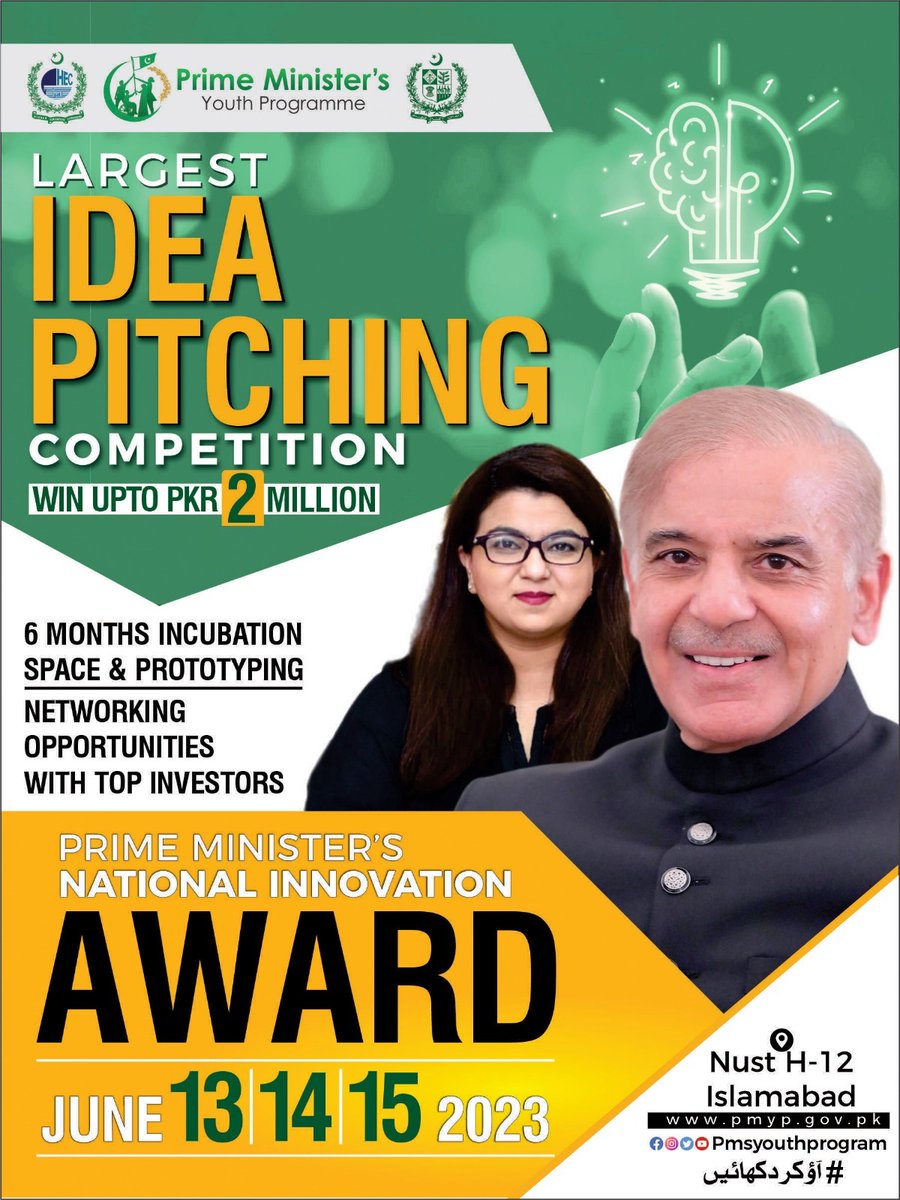 PMsYouthProgram's tweet photo. 🎉 The wait is finally over! 

🚀 Pakistan’s Biggest Idea Pitching Contest will kickoff on 13th June 2023 🇵🇰💡

250+ shortlisted participants from across the country will present their ideas to a panel of experts for a shot at the PM’s National Innovation Award. 🏆

#آؤکردیکھائیں https://t.co/aKvYm1Ekl4