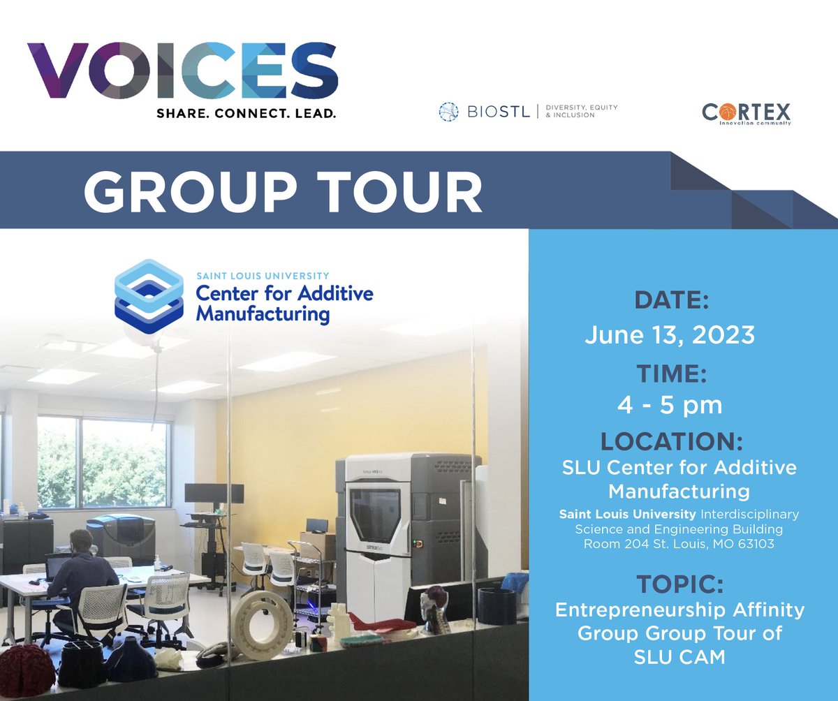 STEMequitySTL (@stemequitystl) on Twitter photo June's VOICES meetup is hosting a group tour of <a href="/SLU_Official/">Saint Louis University</a>'s Center for Additive Manufacturing on June 13! It's a fantastic resource for companies and individuals looking for customized parts, prototypes, and more.
Registration is free:
ow.ly/5mQ050OHqUX June's VOICES meetup is hosting a group tour of <a href="/SLU_Official/">Saint Louis University</a>'s Center for Additive Manufacturing on June 13! It's a fantastic resource for companies and individuals looking for customized parts, prototypes, and more.
Registration is free:
ow.ly/5mQ050OHqUX