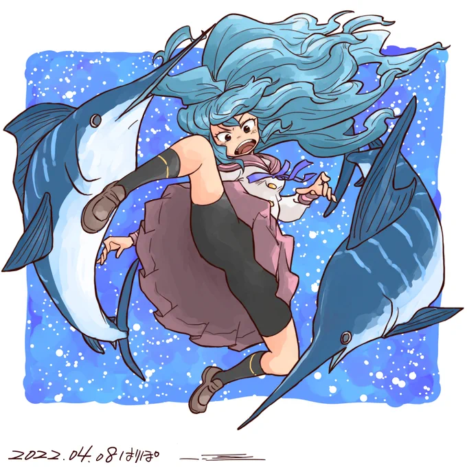 昨日アップした真凛のイラストに沢山のイイねやリツイート本当にありがとうございます。 アクションポーズの練習にと始めたお魚拳法も4年目に。 今年は同人活動も開始したいのでお魚拳法イラスト集とかも作りたいです。 2020:ガーの構え 2021:ミシマオコゼの構え 2022:カジキの構え 2023:構え無し
