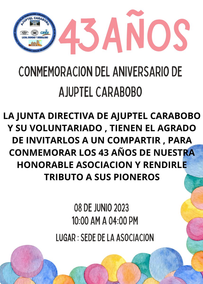 ajuptel_c's tweet photo. LA JUNTA DIRECTIVA DE AJUPTEL CARABOBO LES ESPERA CON CARIÑOCOMPAÑEROS AGREMIADOS LES ESPERAMOS CON CARIÑO https://t.co/mYm3tgCwtZ