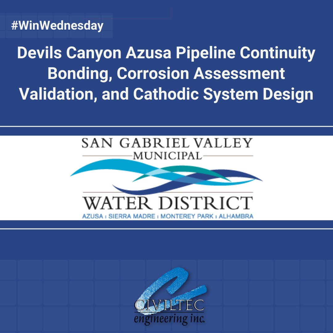 #WinWednesday Celebrating #CiviltecEngineering recent project win. We will be providing professional engineering services to San Gabriel Valley Municipal Water District to complete a computerized hydraulic model and wave analysis for the Devils Canyon Pipeline.