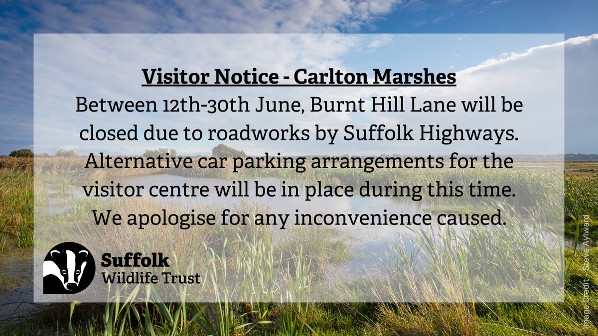 📢Visitor Notice – Carlton Marshes. Between 12th-30th June, Burnt Hill Lane will be closed due to roadworks. The reserve and visitor centre are open as usual, with alternative car parking arrangements for the visitor centre in place. We apologise for any inconvenience caused.