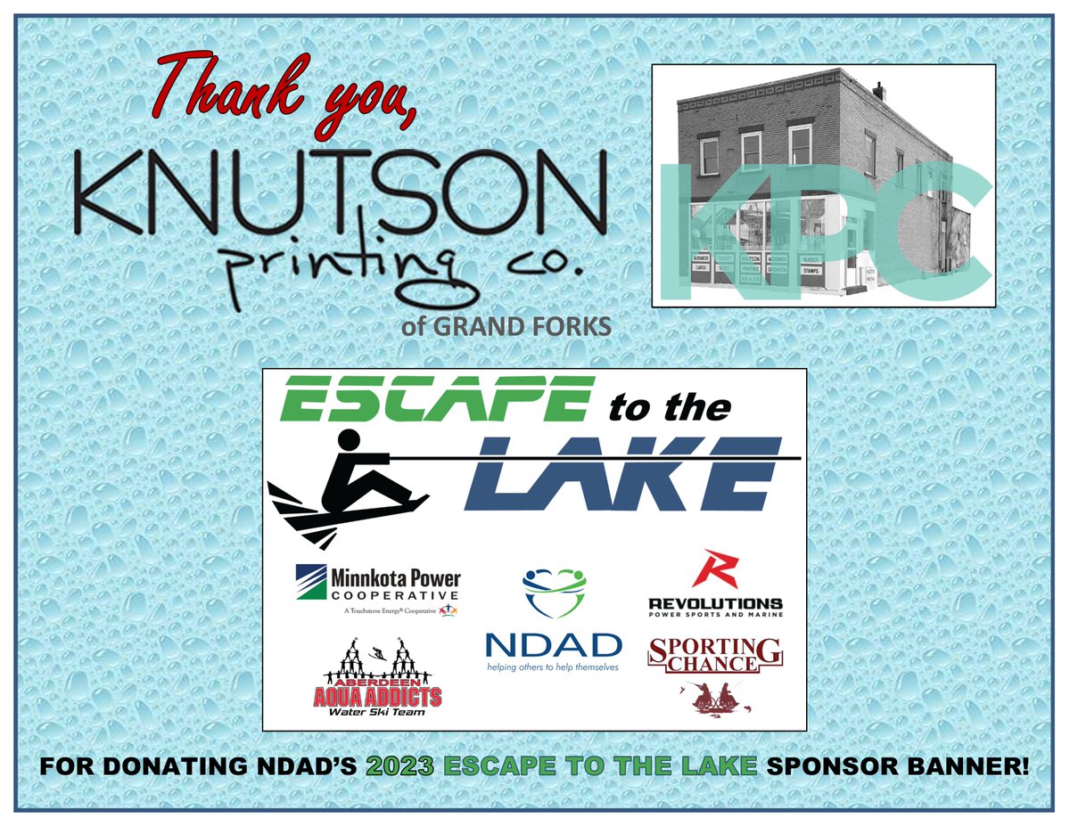 A big THANK YOU to Knutson Printing, #GrandForks, for donating the sponsor banner for 2023's #EscapetotheLake adaptive water recreation extravaganza, set for Sat., June 17, at Nelson Lake Recreation Area near Center, N.D. We appreciate your fine work and generosity!
#northdakota