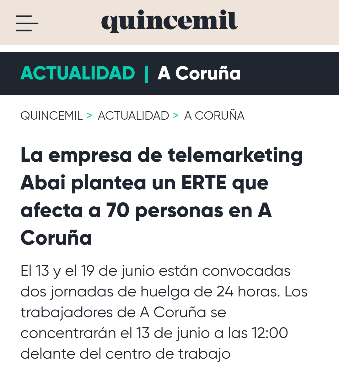 🗞️ Denunciamos ante los medios de comunicación la salvajada que pretende hacer #ABAI con este ERTE. 

13 y 19 de junio, HUELGA 24 HORAS ✊🏿

13 de junio, CONCENTRACIÓN a las 12h delante del Edificio Proa, Matogrande. 

🔥 NO AL ERTE EN ABAI 🔥

🔗 elespanol.com/quincemil/arti…