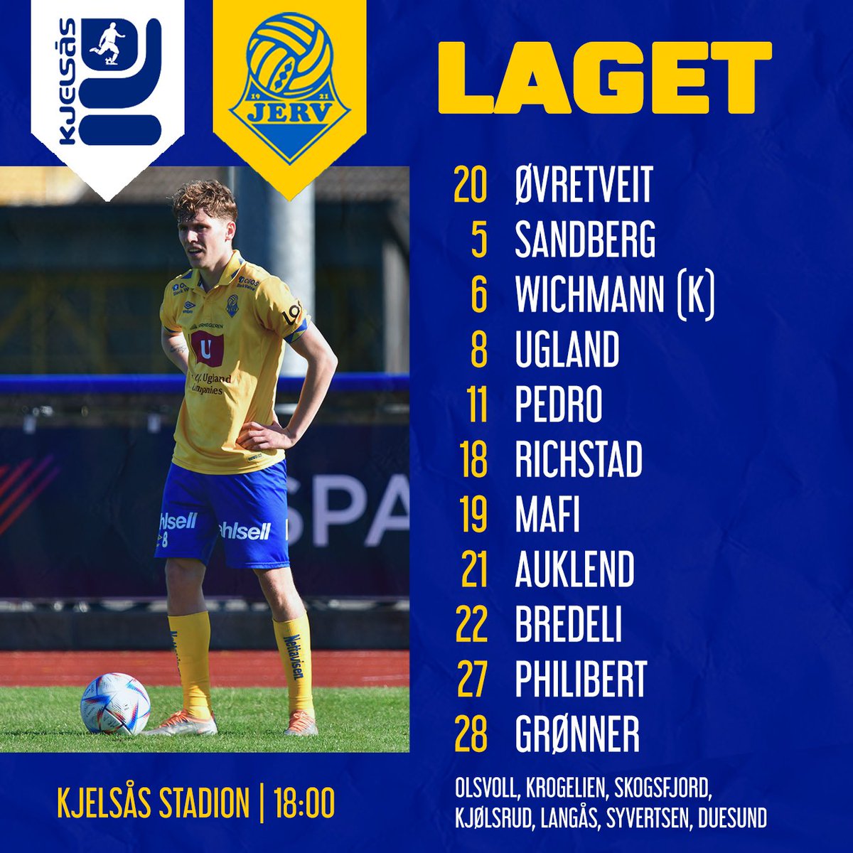 FKJerv's tweet photo. Her er dagens elleve utvalgte til 3. runde i Cupen mot Kjelsås 💛💙 Masse lokale unggutter på benken i dag🙌
#fkjerv #nmcupen https://t.co/s9YD358jZE