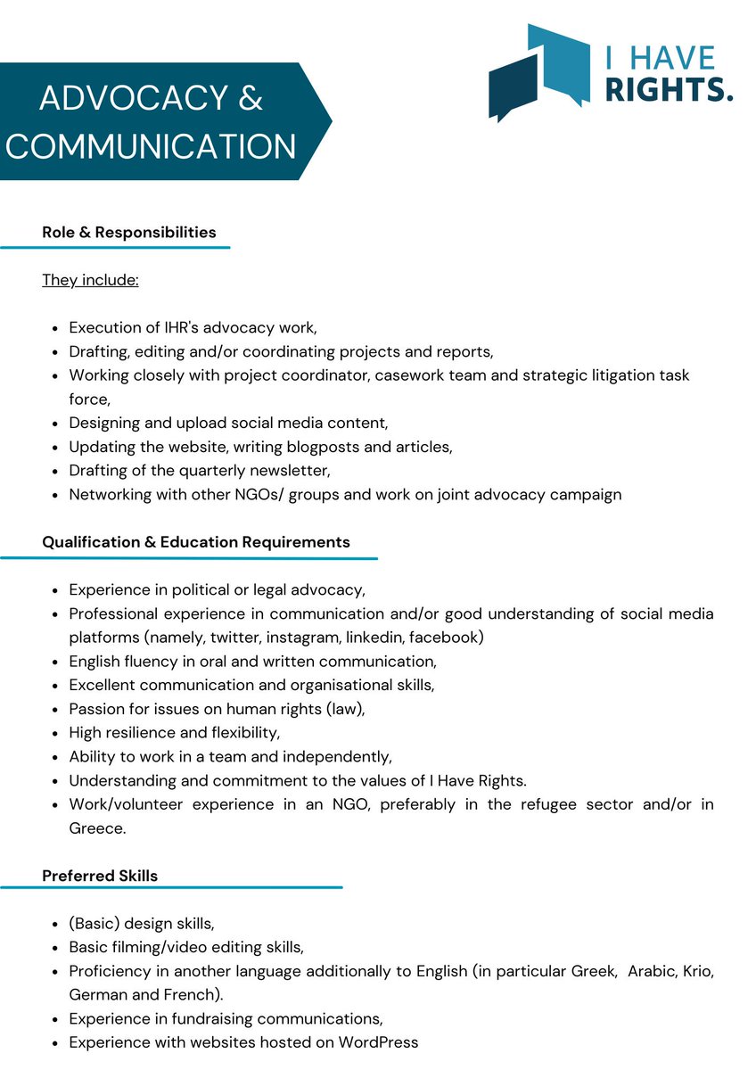 Border_Violence's tweet photo. 📣BVMN member @IHaveRights_eu is looking for a #volunteer to join their #Advocacy and Communication Team in Samos soon. IHR provides legal info and support to #peopleonthemove and documents #HumanRightsViolations.

👉Send CV to advocacy@ihaverights.eu
See below for more details👇 https://t.co/IGhUjaGQ77