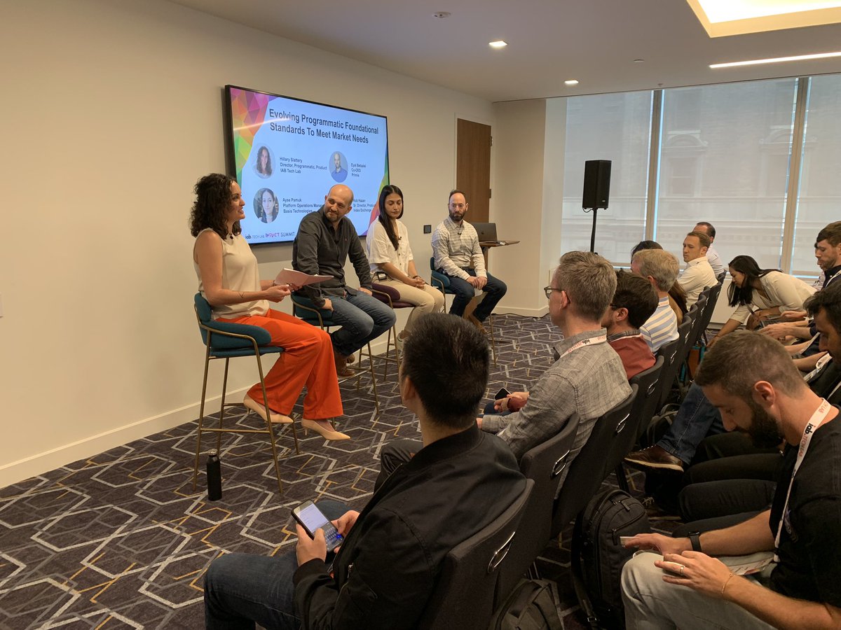 KatieStroudPro's tweet photo. How are the @IABTechLab programmatic standards evolving to meet market needs? @eyalbzl of @PrimisLtd, @pamukjr of @basistechnology, and Rob Hazan of @IndexExchange discuss with our own Hillary Slattery who stewards our programmatic standards. #impact2023 #tlsummit https://t.co/vYWLOIHBFP