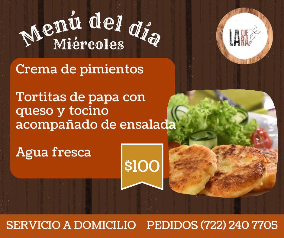 MENÚ DEL DÍA | MIÉRCOLES👨🏻‍🍳 🍅 

Buenos días! ☀️ 
¡Haz tu pedido por aquí! 👇
📲 goo.gl/qLdyDk 

🛵 Envíos a domicilio (pregunta por nuestra cobertura)
📍 Calle 3s, Parque Industrial Toluca 2000, Toluca Edo de México. 
.
.
.

#LaCueraFoodtruck
#CocinaTamaulipeca 
#menú