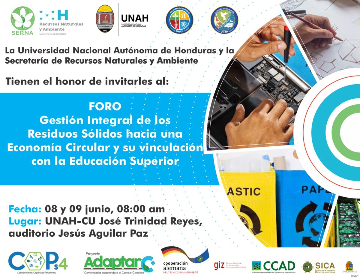 sernaHN's tweet photo. ¡Atención Pumas y público en general! @sernaHN y la @UNAHoficial, les invitamos a formar parte del Foro Gestión Integral de los Residuos Sólidos hacía una Economía Circular.
¡No Faltes! 🌱♻️
#SernaHn #UNAH #Honduras #foro #gestionintegral #residuossolidos #COPs4 #AdaptarC https://t.co/m6JZ9WnTjT