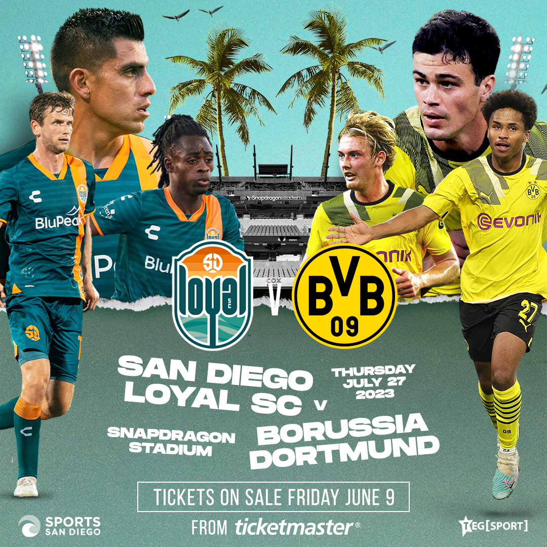 JUST ANNOUNCED! @SanDiegoLoyal will play against European opposition for the first time in club history when they take on Germany’s Borussia Dortmund at @Snapdragon Stadium on Thursday, July 27! ⚽️
Tickets on sale Friday, June 9 @ 9am PT.