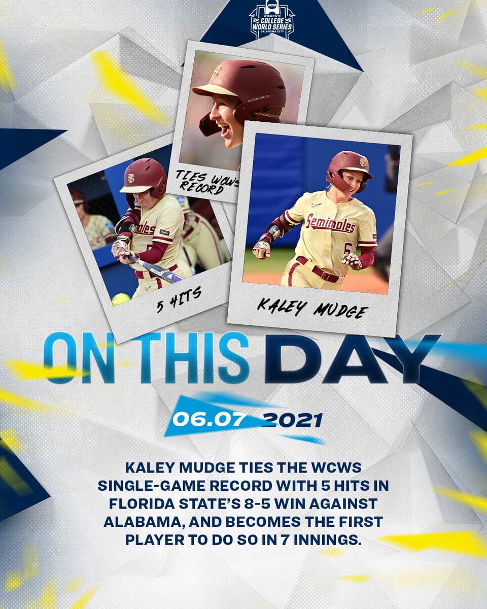On this day in 2021, <a href="/mudge03/">Kaley Mudge</a> became the first player in #WCWS history to hit 5 hits in a 7 inning game, doing so in <a href="/FSU_Softball/">Florida State Softball 🥎</a>'s 8-5 win against Alabama.