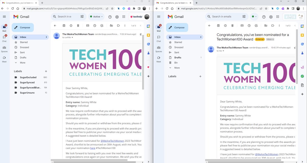 Two nominations for @WeAreTechWomen in a day 🤯 one on my work email and one on my personal email ❤️#TechWomen100