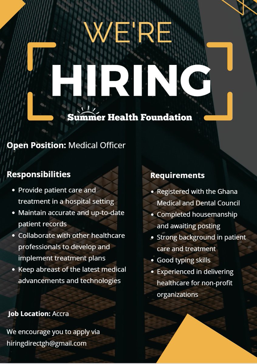 trySummerHealth's tweet photo. If this post  resonates with you, we are excited to hear from you! Kindly submit your  CV and relevant documents to hiringdirectgh@gmail.com. https://t.co/sCx864S2Bx