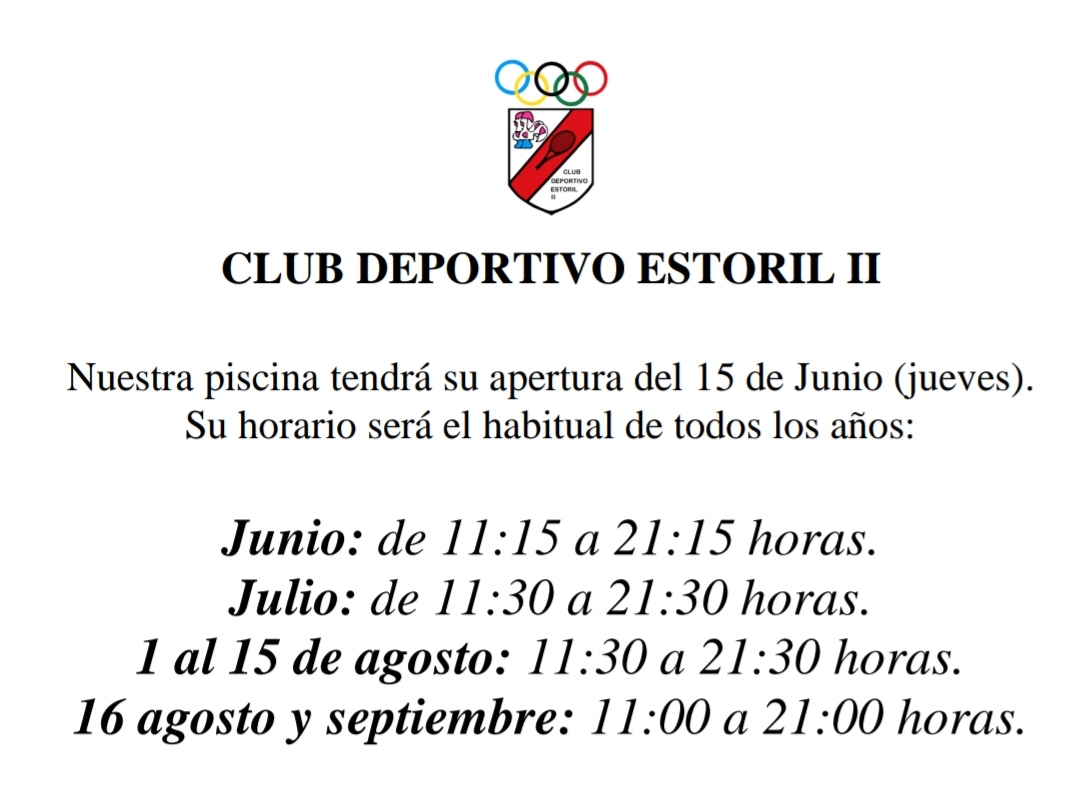 ClubDepEstoril2's tweet photo. Nuestra piscina tendrá su apertura el 15 de junio (jueves).

Su horario será el habitual de todos los años:

• Junio: de 11:15h a 21:15h.
• Julio: de 11:30h a 21:30h.
• 1 al 15 de agosto: 11:30h a 21:30h.
• 16 agosto y septiembre: 11:00h a 21:00h. https://t.co/fQ7vOWV1rc