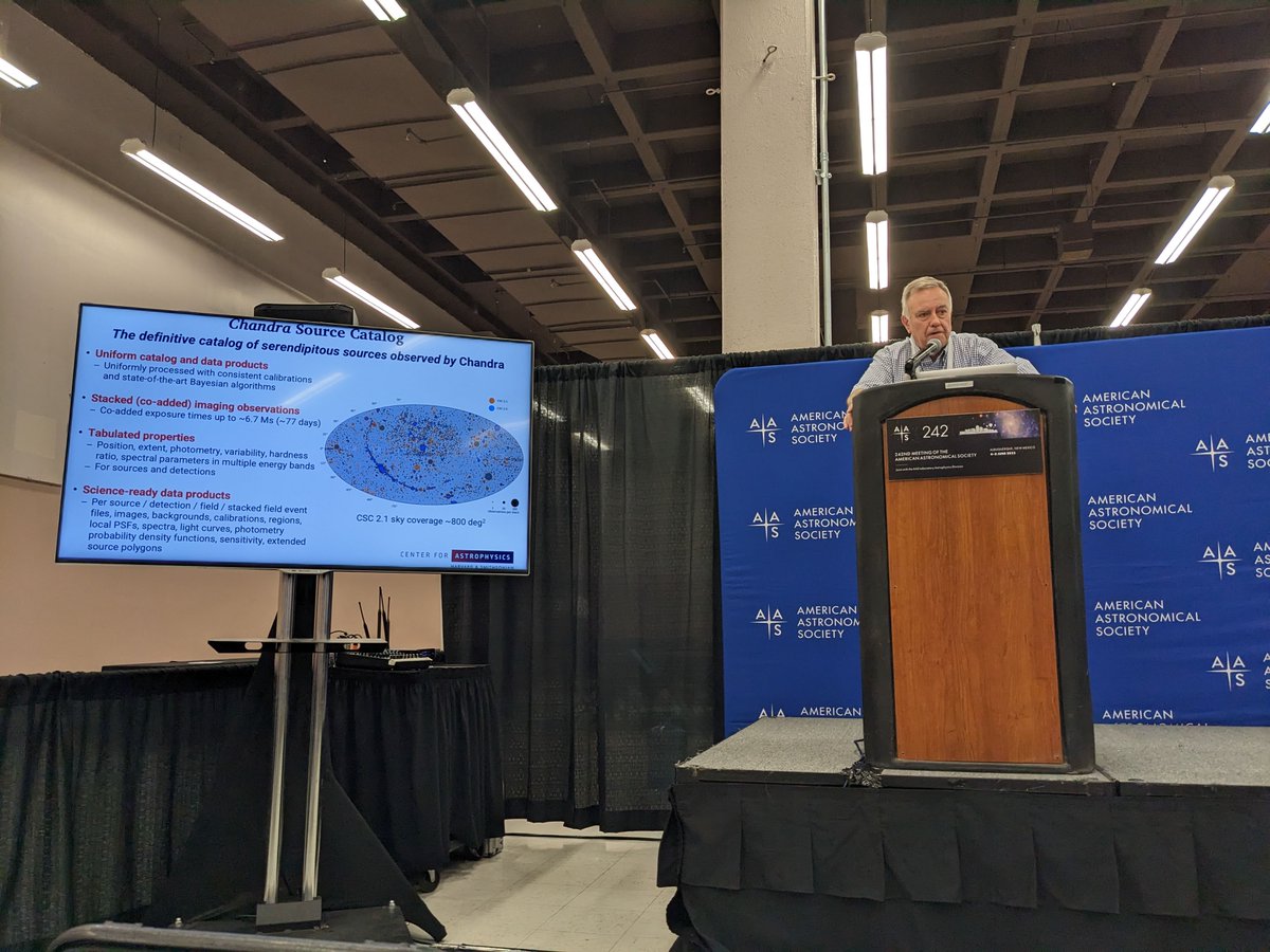 chandraCDO's tweet photo. Hello #AAS242 -- join us at 9:30 in the Exhibitor Theater for a presentation by Ian  Evans on the @chandraxray  Source Catalog. The CSC and its upcoming 2.1 release unlock the 24-year  legacy of our mission to enable everyone -- yes, everyone! -- to be an X-ray expert. https://t.co/z51rNEFufM