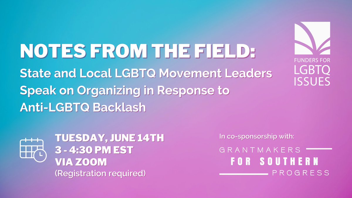 We’re joining <a href="/LGBTFunders/">Funders for LGBTQ Issues</a> and <a href="/Southerngrants/">Grantmakers for Southern Progress</a> on June 13 for a virtual funder briefing on strategies for deepening partnerships with LGBTQ movements and to learn about current initiatives and victories across the field. 

Register here: ow.ly/BcuZ50Oky1Q