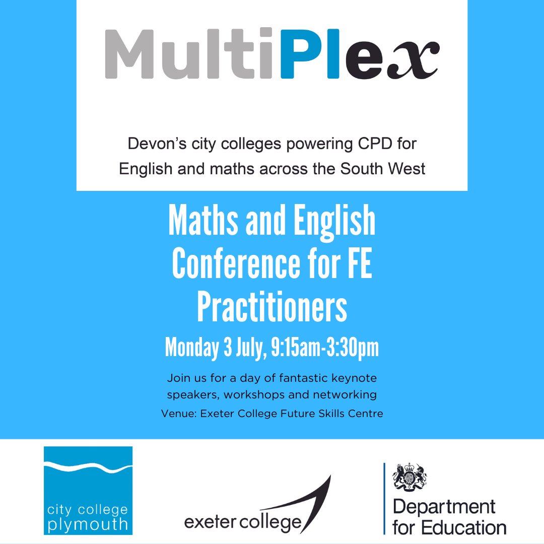 Join us and @cityplym for our Multiplex CPD Conference; open to any involved in post-16 Maths and English in the South West.

Get your tickets here: bit.ly/3WVVqox 

@lindsayjskinner @CharlieStripp @JacquelineGrub6 

#ExeCollProud | #CPDMaths | #CPDEnglish