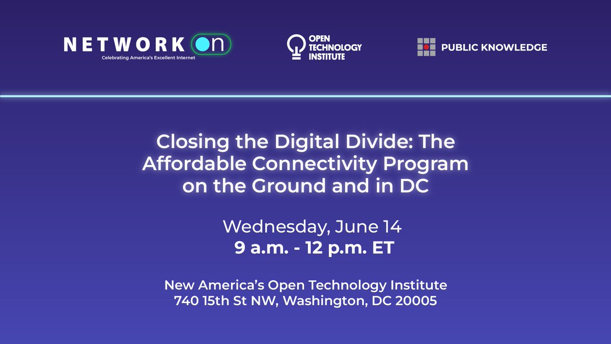 NetworkOnUSA's tweet photo. Network:On is thrilled to co-host “Closing the Digital Divide: The Affordable Connectivity Program on the Ground and in DC” with @OTI and @PublicKnowledge next week. Be sure to join us in person or online on June 14! Register: https://t.co/pWprqqUY7O
#Connect20 #AccessOTI https://t.co/Kbqov3Iu29