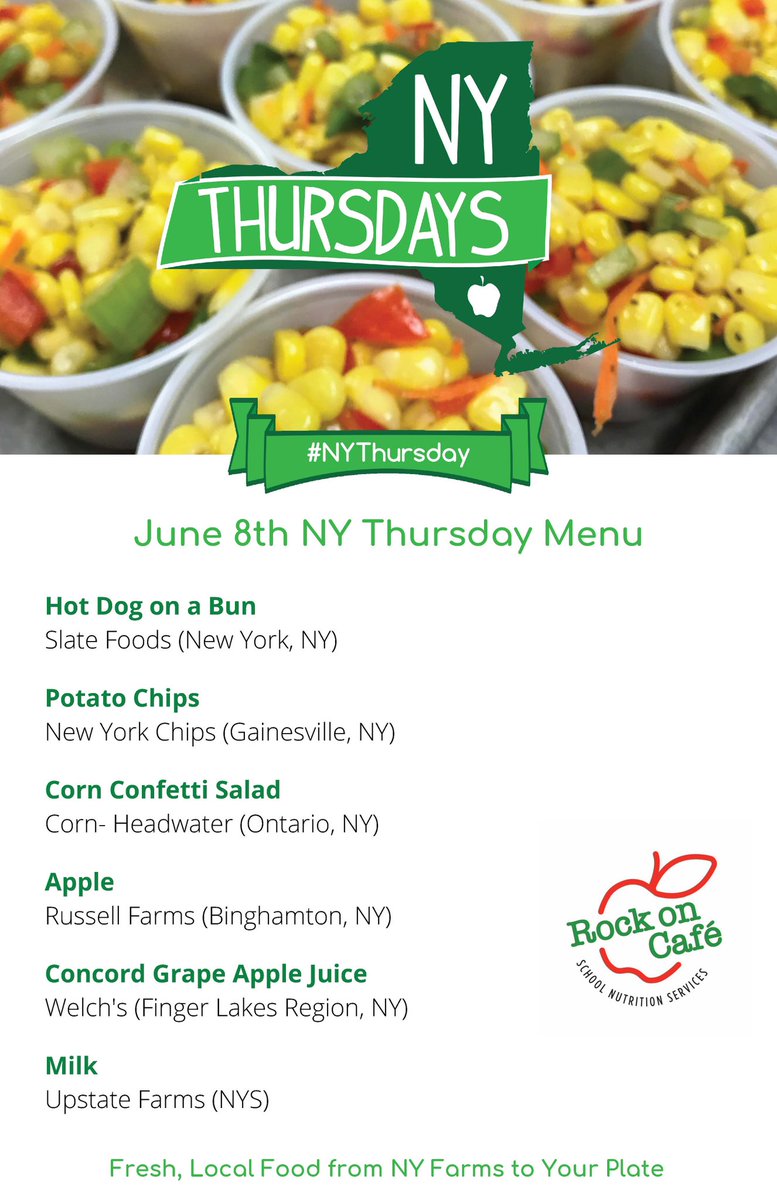 Last one of the year! (Note: Some districts may have changed the menu)

#NYThursday #farm2school #nyfarmtoschool 

@BinghamtonCSD @ChenangoForksSD @CVCSDWarriors @MECSDSpartans @HCSHORNETS @JohnsonCityCSD @UECSDTigers @Windsor_CSD @WhitneyPointCSD @OAUpdate 
@DepositCSD