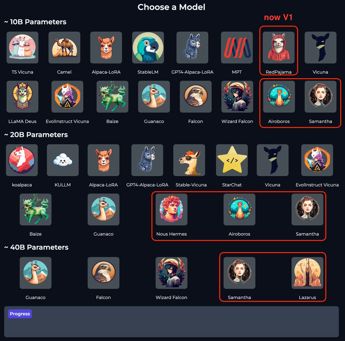 welcome more models in LLM As Chatbot project. 

- <a href="/togethercompute/">Together AI</a>'s RedPajama 7B. now V1
- <a href="/erhartford/">Eric Hartford</a>'s Samantha 7/13/33B, inspired by the movie "Her"
- jon durbin's Airoboros which seems better than Vicuna
- CalderaAI's lazarus 30B popped up 2nd place of LLM Leaderboard today