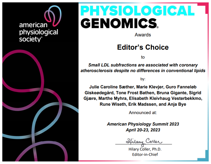 🏆#PhysiologicalG would like to congratulate Sæther et al. for receiving the Editors Pick Award for "Small LDL subfractions are associated with #CoronaryAtherosclerosis despite no differences in conventional lipids."

🖱ow.ly/H1i950OI0O9

<a href="/CERG_NTNU/">CERG</a>  #GensiniScore