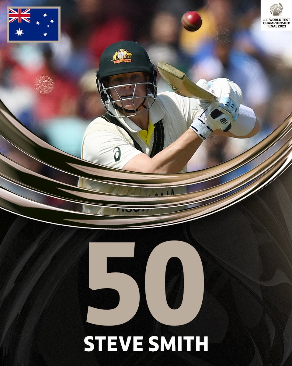 ICC's tweet photo. The ice to Travis Head's fire, Steve Smith gets to a well-composed fifty 🙌

Follow the #WTC23 Final 👉 https://t.co/wJHUyVnX0r https://t.co/NbdxCmy4YA
