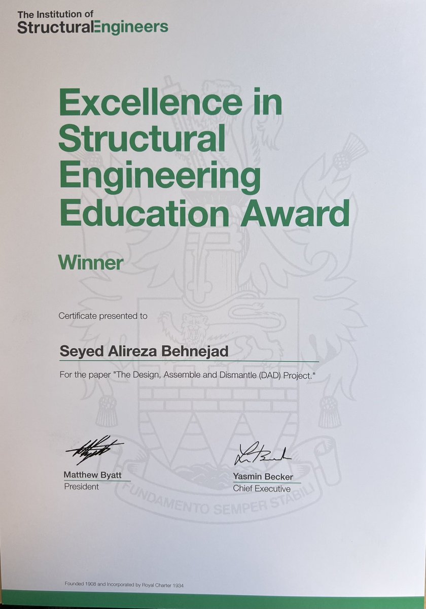 ABehnejad's tweet photo. Honoured to receive the ‘Excellence in Structural Engineering Education Award’ from @IStructE for the ‘Design, Assemble and Dismantle (DAD) Project’ that I’ve developed and implemented @UniOfSurrey since 2014
#DADProject #tactile #education #Awards https://t.co/UlxYGCRcbh