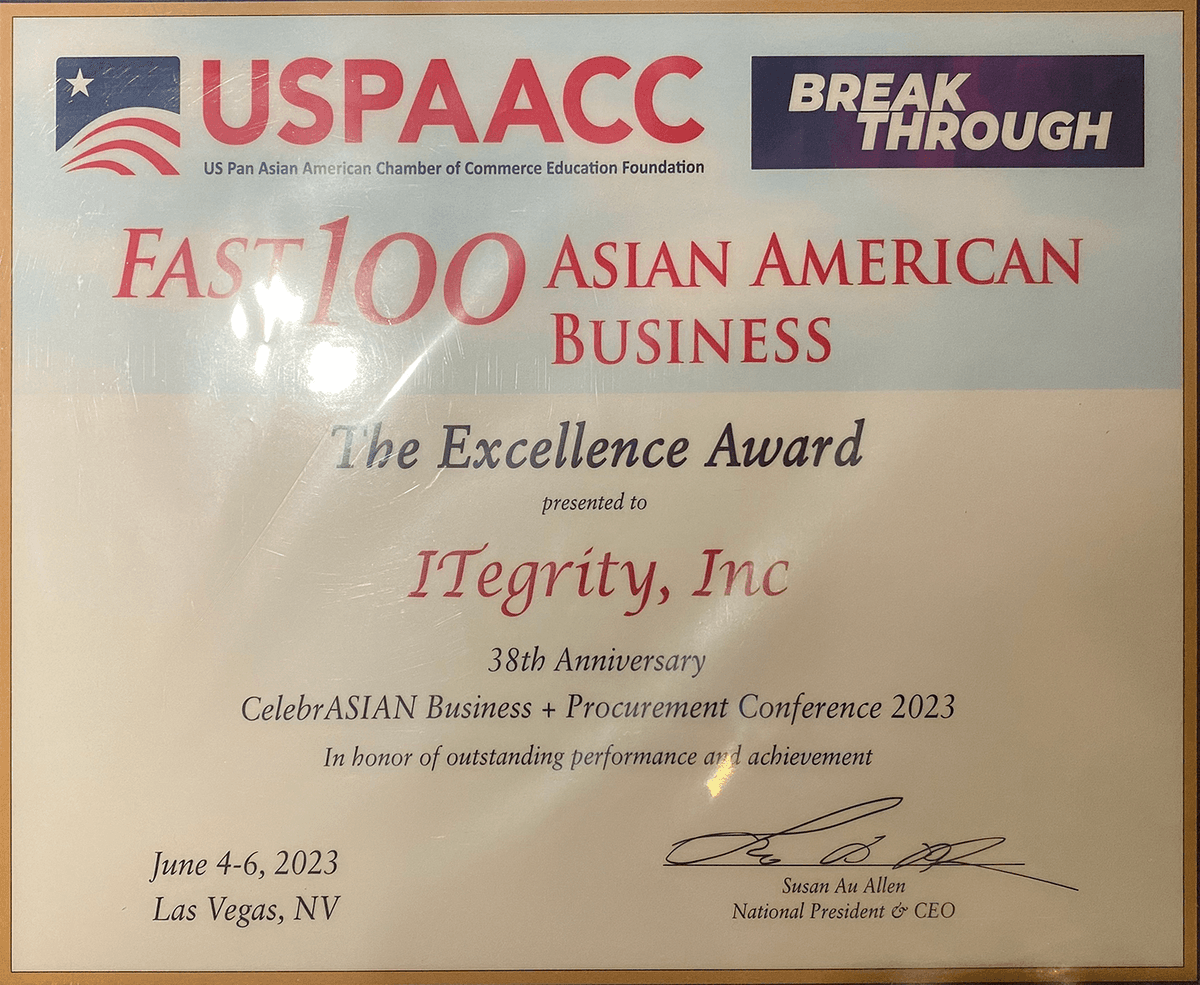 ItegrityI's tweet photo. .@ItegrityI was thrilled to attend the @USPAACC #CelebrASIAN Conference 2023 in @Vegas &amp; receive the Excellence Award for recognition as a Fast 100 #AsianAmericanBusiness, a testament to our team's hard work &amp; dedication
https://t.co/i1mK1mB5Ln @mymcmedia @MoCoSentinel  #SME #SMB https://t.co/bNWoHlbcl0