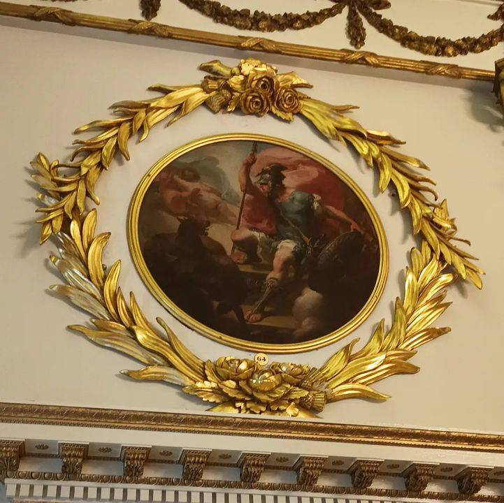 'Mars with His Sacred Animals the WOLF and the WOODPECKER' (1767) by Gaetano Gandolfi. 

You'll find it up high in the Throne Room along with the other painterly depictions of Roman gods & goddesses.

If you look VERY closely,  you'll spot the WOODPECKER above Mars' helmet!