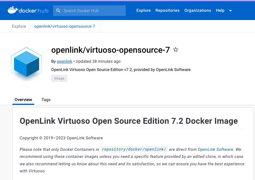 There's also #VirtuosoRDBMS open source #Docker container! hub.docker.com/r/openlink/vir… #OpenSource #GraphDatabase #KnowledgeGraph #LinkedData #DBMS