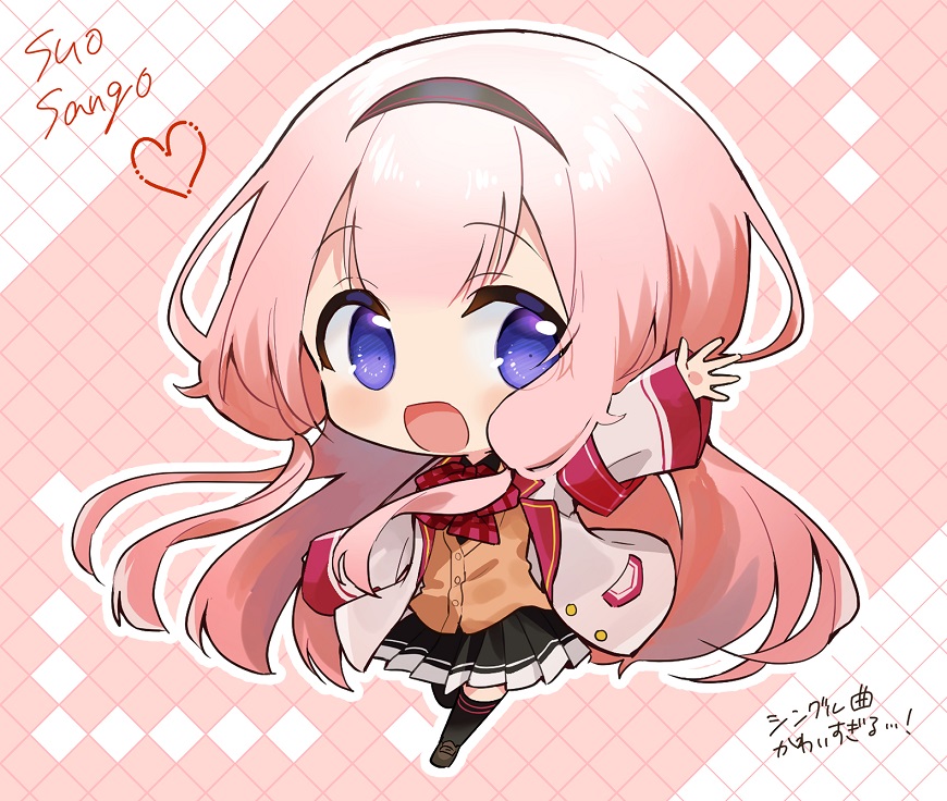 1girl solo chibi pink hair thighhighs long hair skirt  illustration images