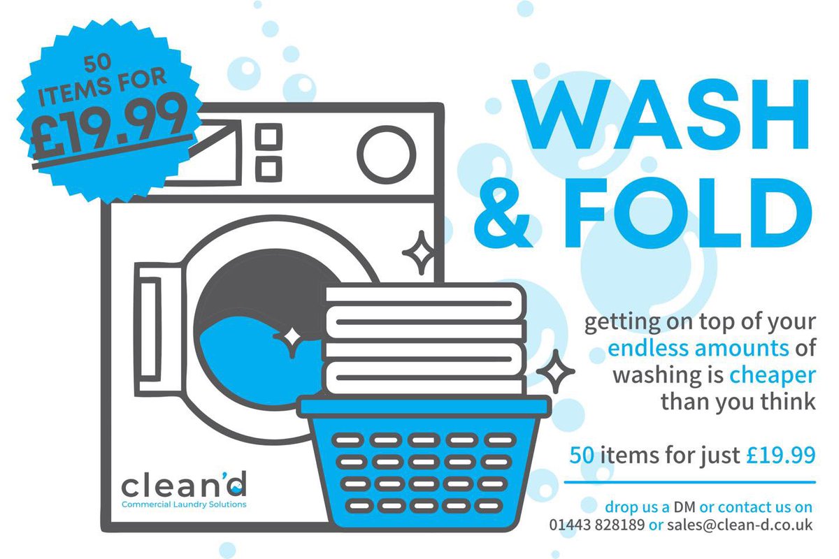 🧺JUST £19.99 for 50 ITEMS💦

Has your current laundry service let you down? Let us take care of everything with a full wash &amp; fold for JUST £19.99

Need more info and a FREE quote drop us a DM, call us on 01443 828189 or email sales@clean-d.co.uk