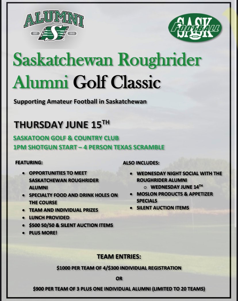 CFL_Alumni's tweet photo. The Saskatchewan Roughrider Alumni Golf Classic is coming up on Thursday June 15th.  Enter your team today! Registration link https://t.co/IDWb47xol8 
#golf #cflaa #football #ridersalumni #fundraiser #cfl @RidersAlumni https://t.co/Vs7uDGap3N
