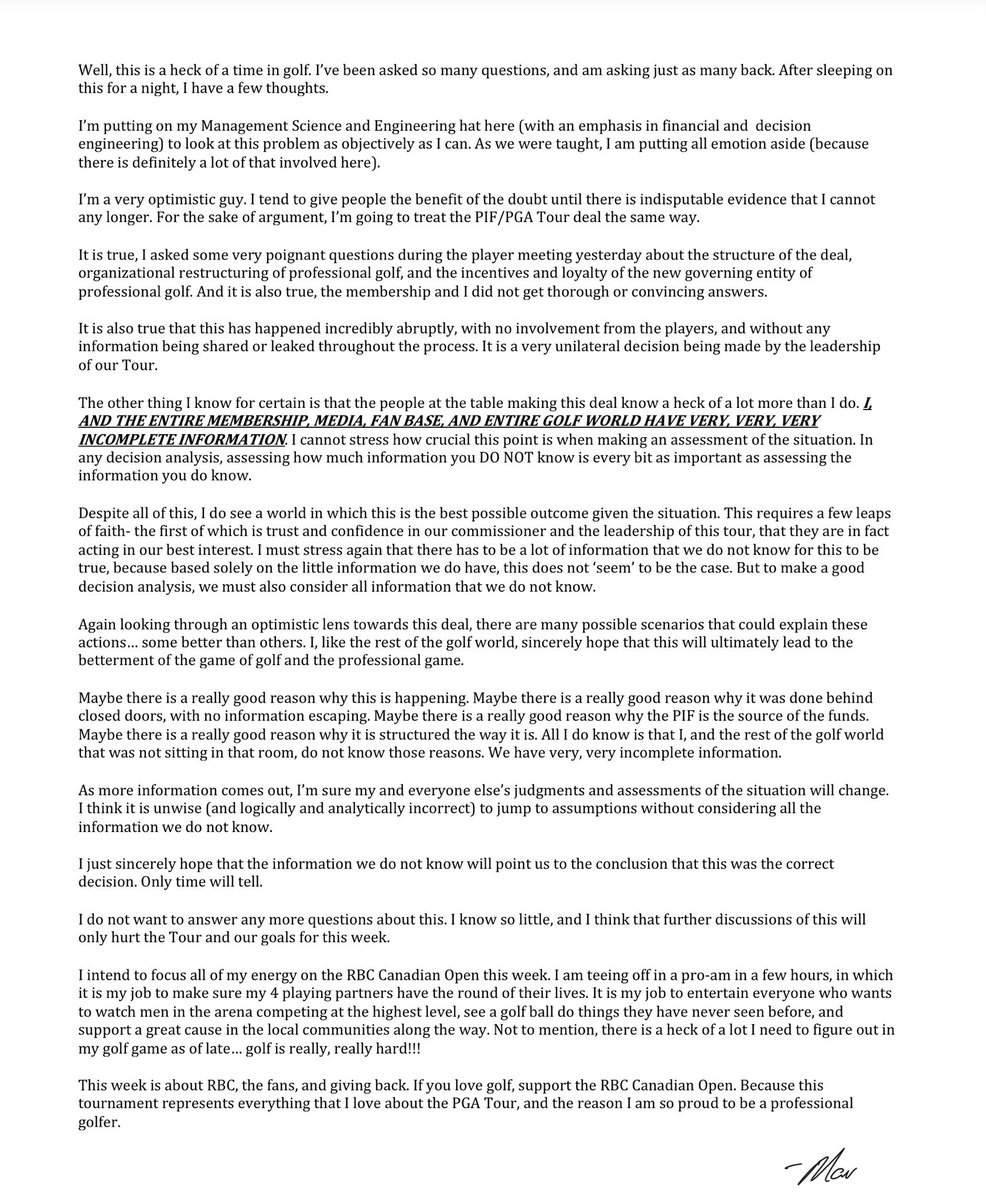 RexHoggardGC's tweet photo. A lot of hot takes and misinformation out there regarding yesterday’s PGA Tour-PIF Saudi Arabia agreement. Maverick McNealy’s thoughts set an interesting tone. https://t.co/xWB4iZnCmV