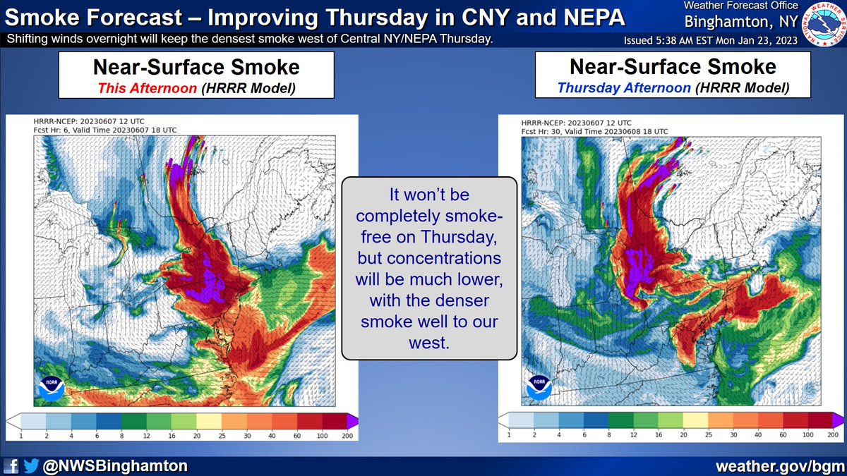 1125 AM 6/7: Dense smoke will remain in the area through the day, but it looks like the densest* smoke tomorrow will be carried west of Central NY and NE PA. (*There will be some residual smoke, but not like today) #NYwx #PAwx