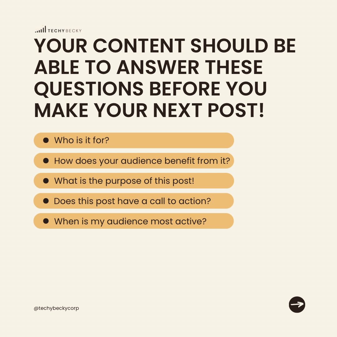 CokoaWorks's tweet photo. Do this!
Before you make your Next post or schedule your next content, answer these questions!
Save for later! 🤗📌

#techybeckycorp #socialmediatipsmarketing #contentstrategy #socialmediamanagerservices #postingschedule #consistencytips Messi EFCC Savage Barcelona https://t.co/EdupgX6CDT