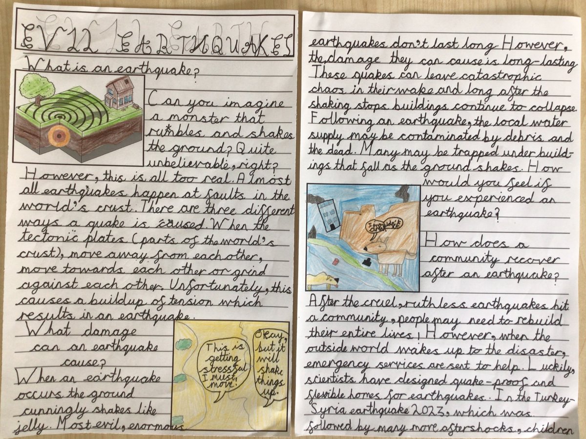 AshBrambles's tweet photo. Year 4 Ash have worked beautifully on their #TheWriteStuff independent writes for their non-chronological reports all about earthquakes (linking to their recently completed Geography topic on natural disasters). Here are some amazing examples! ๐คฉโ๏ธ @janeconsidine #BramblesWriting https://t.co/a9cuortCyN