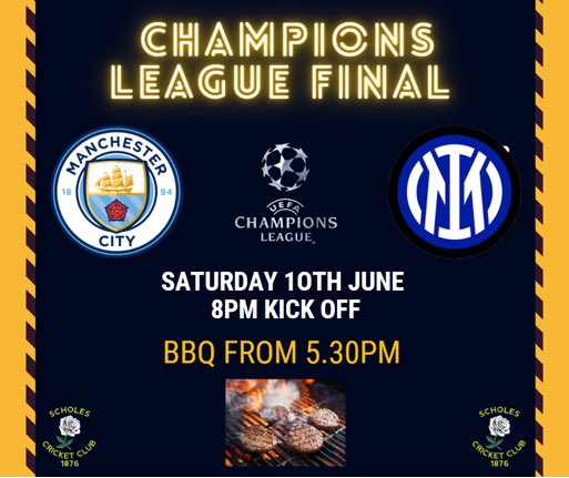 Scholes CC (@huddsscholescc) on Twitter photo Champions League Final
📆 Saturday
⏰ 8PM Kick Off
🍔 BBQ from 5.30PM
All after the 1st team play against <a href="/ShepleyCricket/">Shepley Cricket Club</a> Champions League Final
📆 Saturday
⏰ 8PM Kick Off
🍔 BBQ from 5.30PM
All after the 1st team play against <a href="/ShepleyCricket/">Shepley Cricket Club</a>