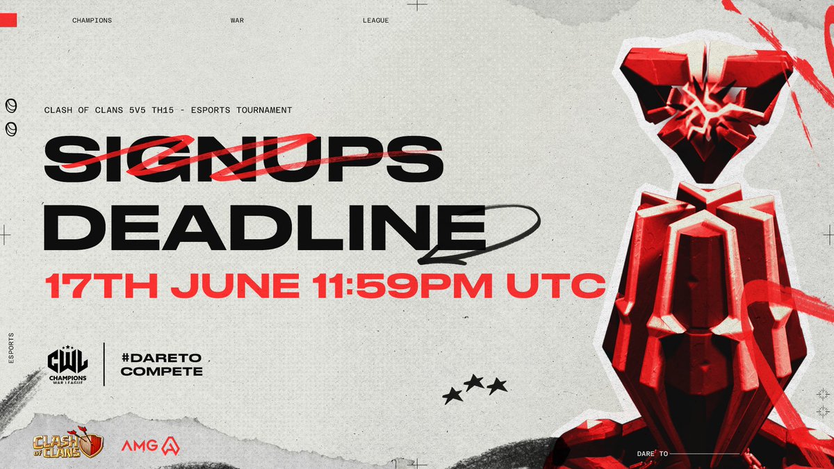 ⏰| Signups will be close on 𝗦𝗮𝘁𝘂𝗿𝗱𝗮𝘆 𝟭𝟳𝘁𝗵 𝗝𝘂𝗻𝗲 𝟭𝟭:𝟱𝟵𝗽𝗺 𝗨𝗧𝗖

10 days left chiefs, hurry up! 🤠

#ClashEsports #DareToCompete